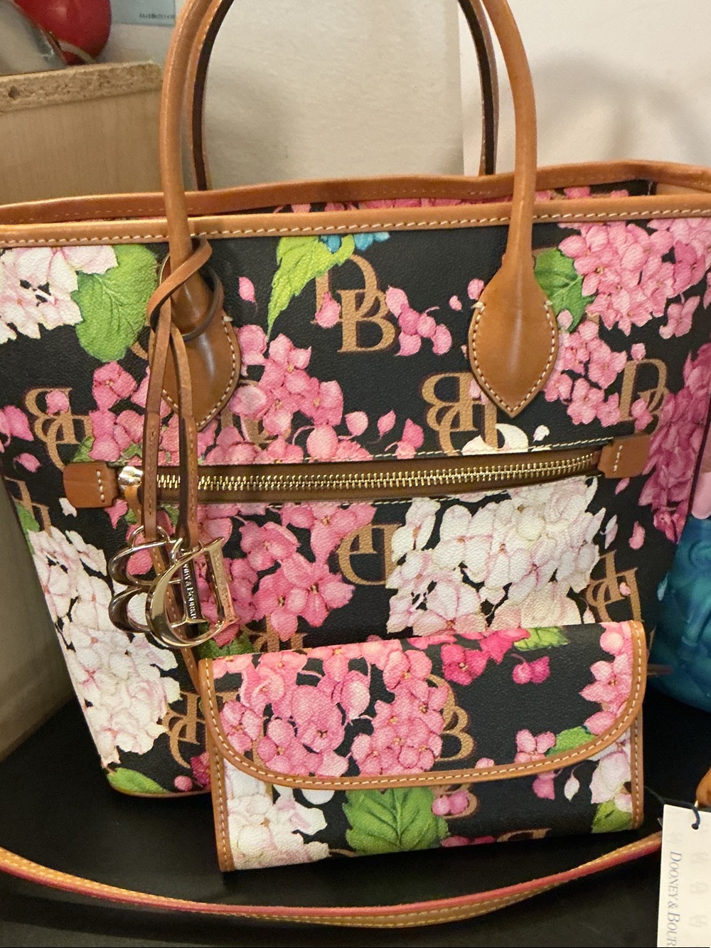Dooney & Bourke hydrangea Black Floral Tote with Tan Trim tote with wallet